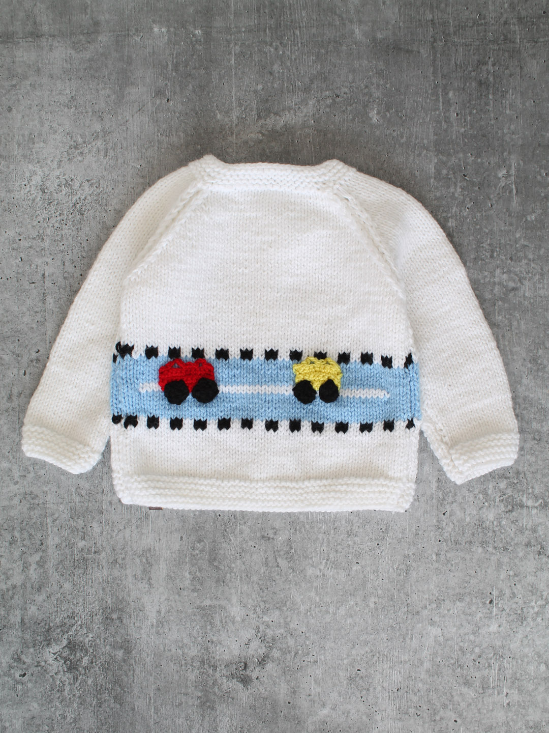 Handknitted Car Applique Sweater for Infants - White