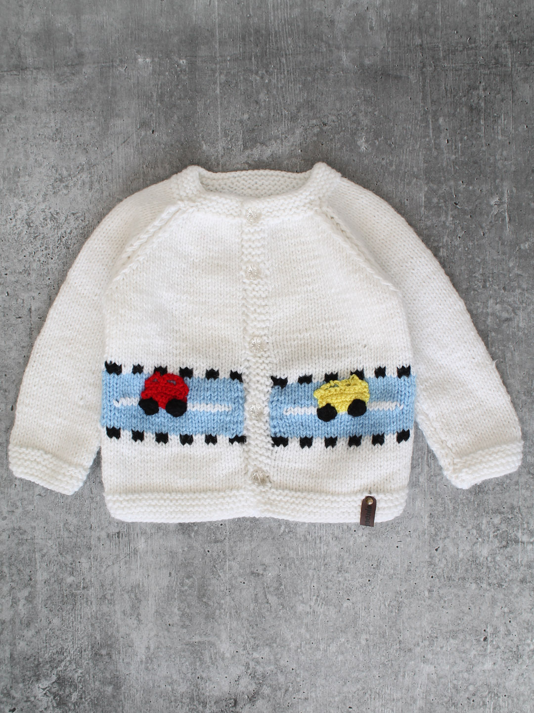 Handknitted Car Applique Sweater for Infants - White