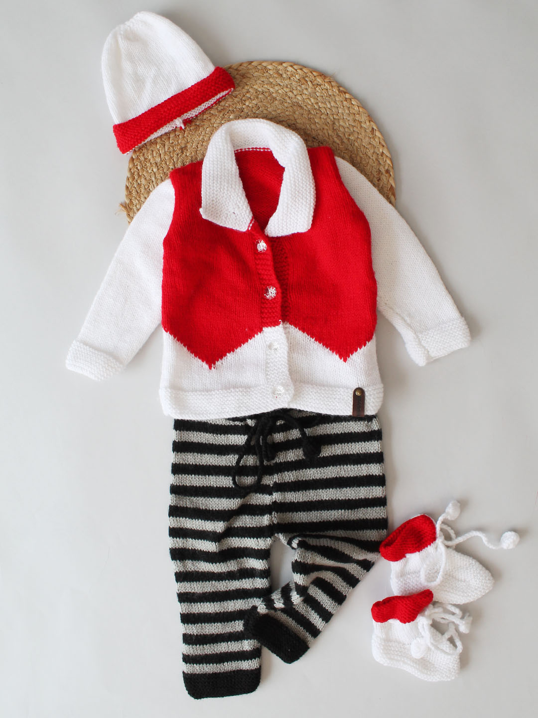 Handknitted Collared Sweater with Pants Cap and Socks - White