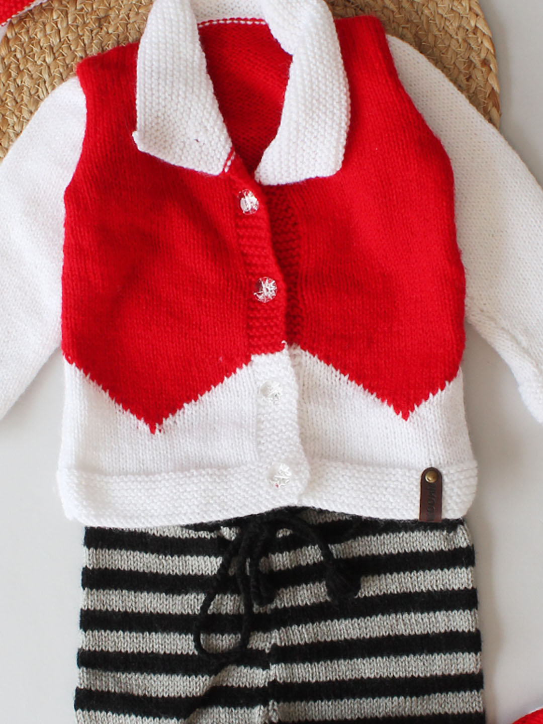 Handknitted Collared Sweater with Pants Cap and Socks - White