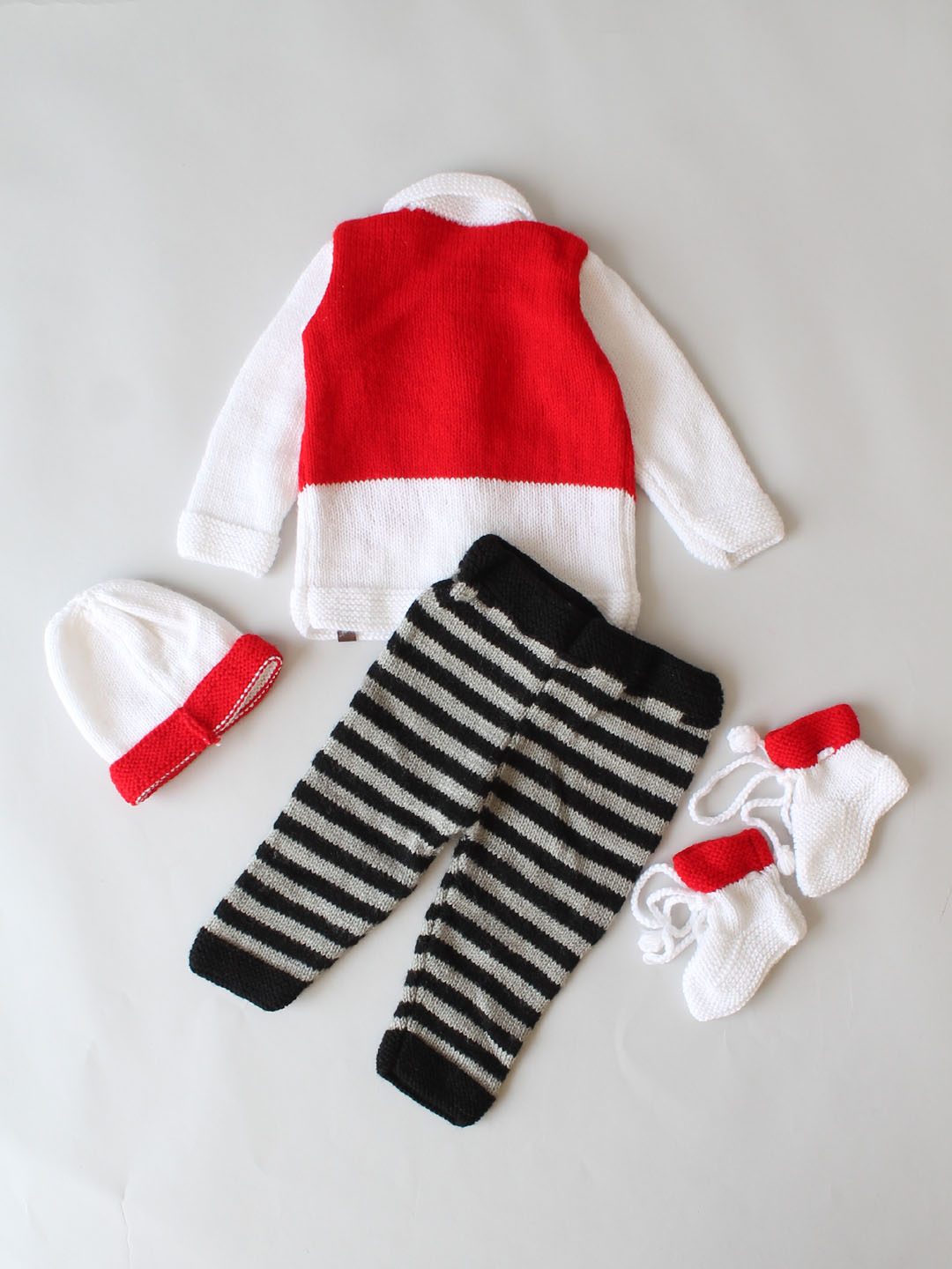 Handknitted Collared Sweater with Pants Cap and Socks - White