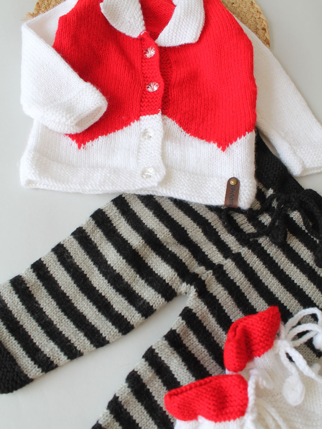 Handknitted Collared Sweater with Pants Cap and Socks - White