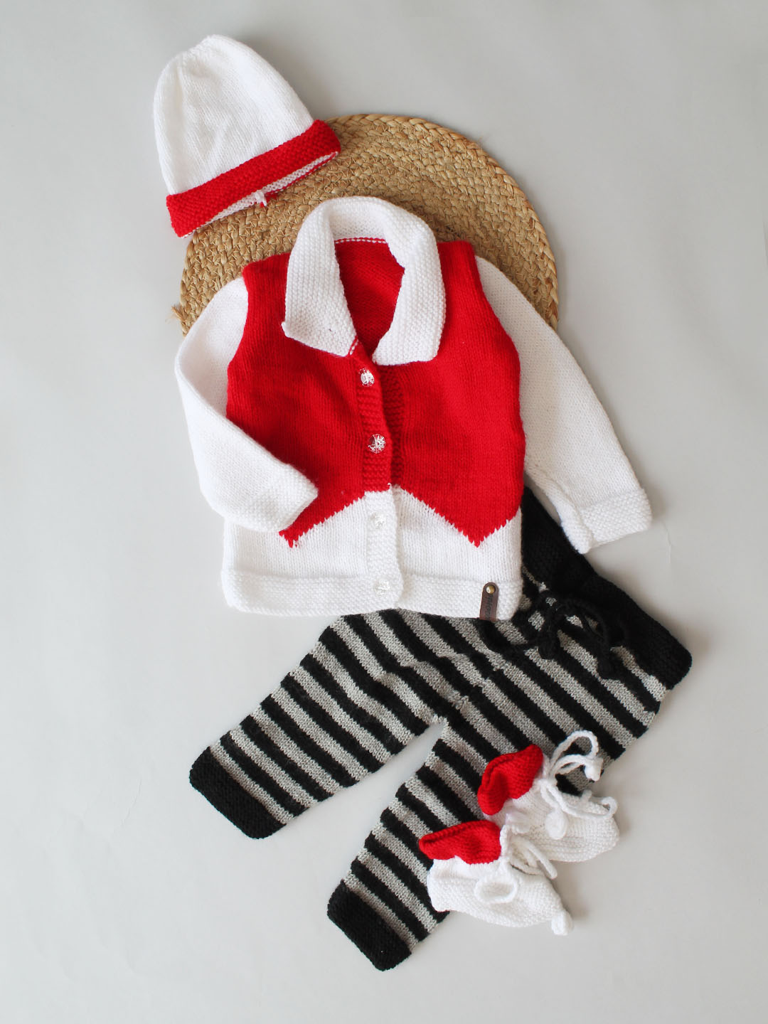 Handknitted Collared Sweater with Pants Cap and Socks - White