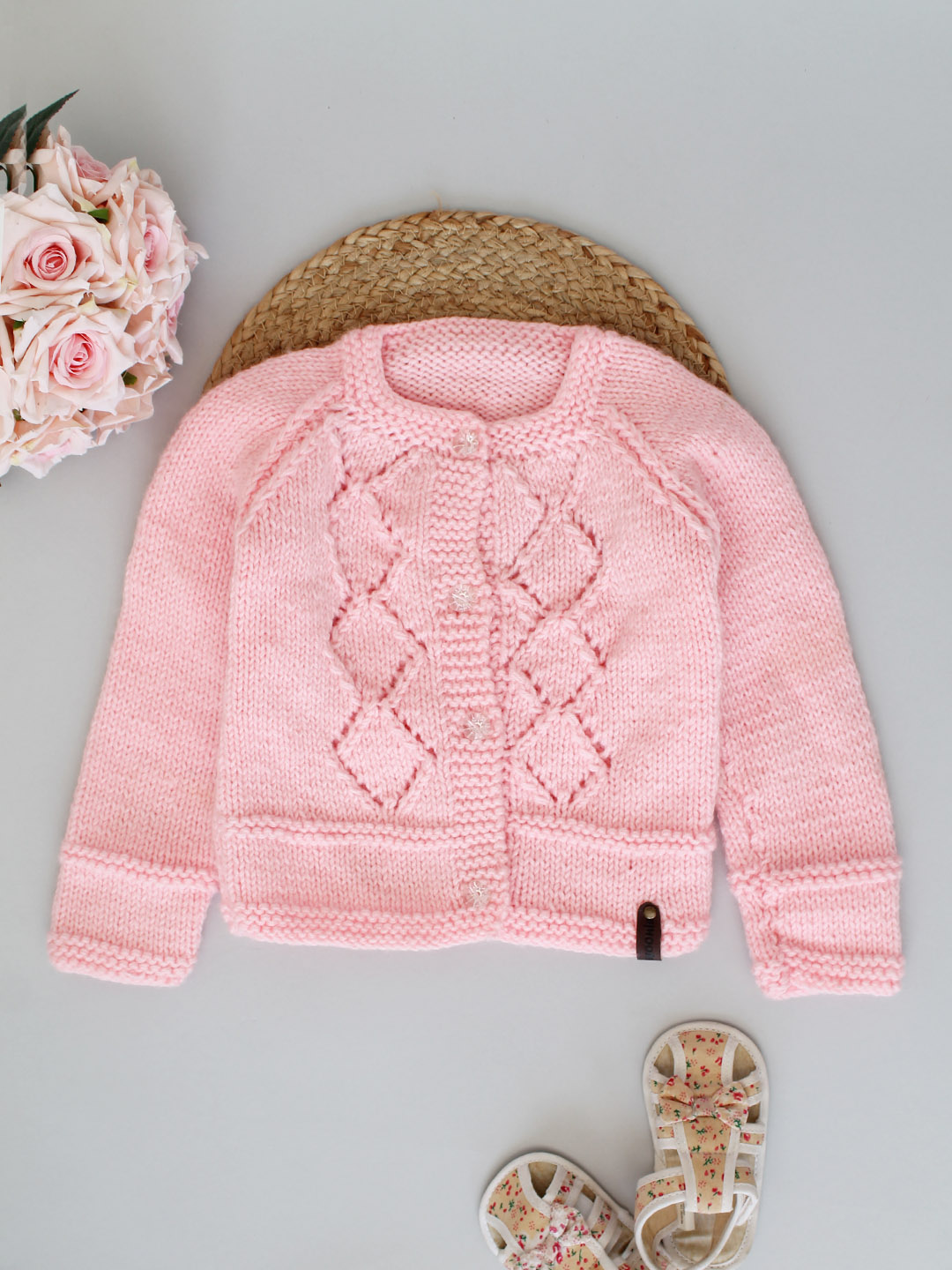 Handknitted Diamond Stitch Sweater for Baby - Pink