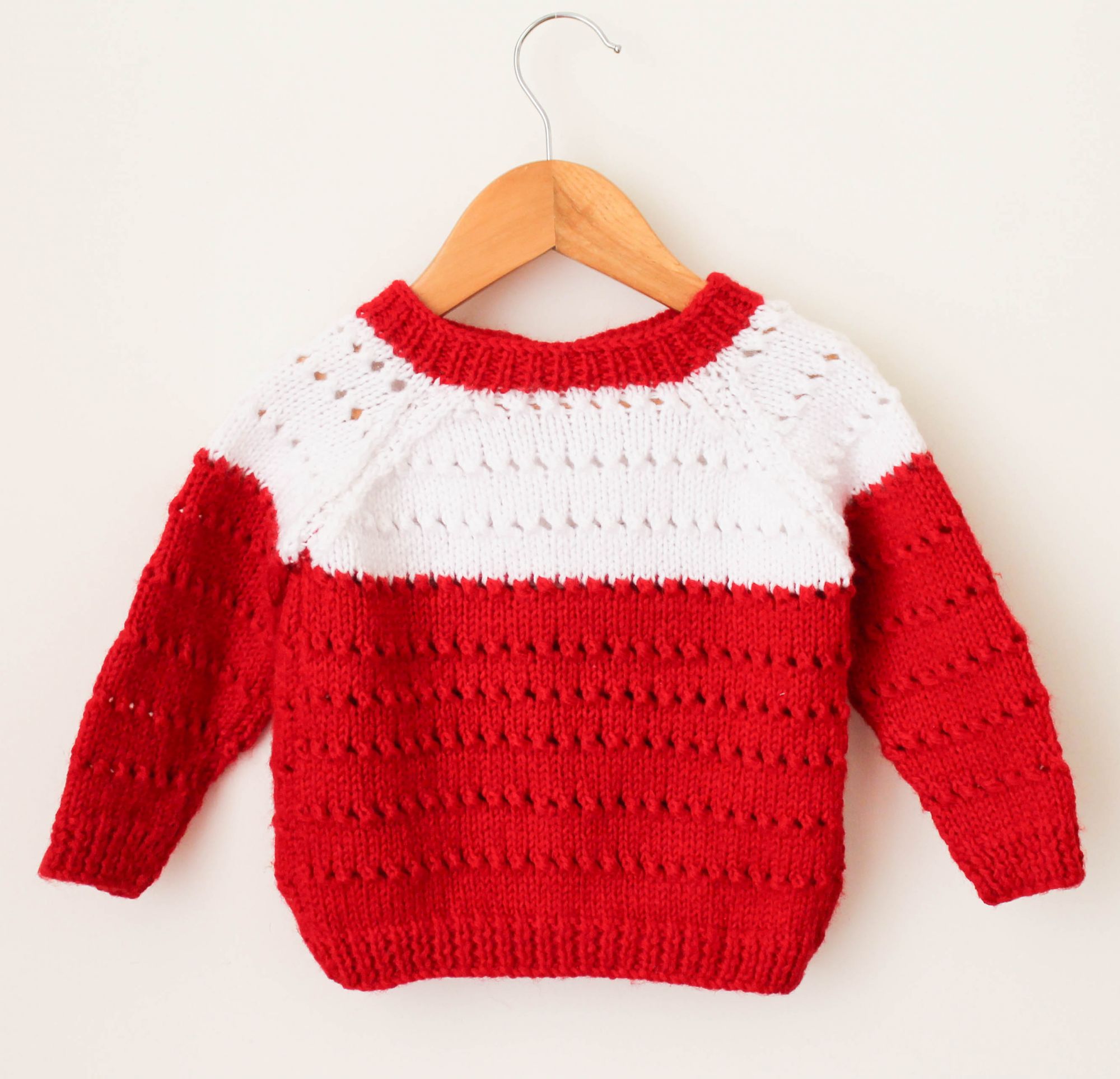 Handknitted Dual Colour Self Design Sweater For Kids - Red