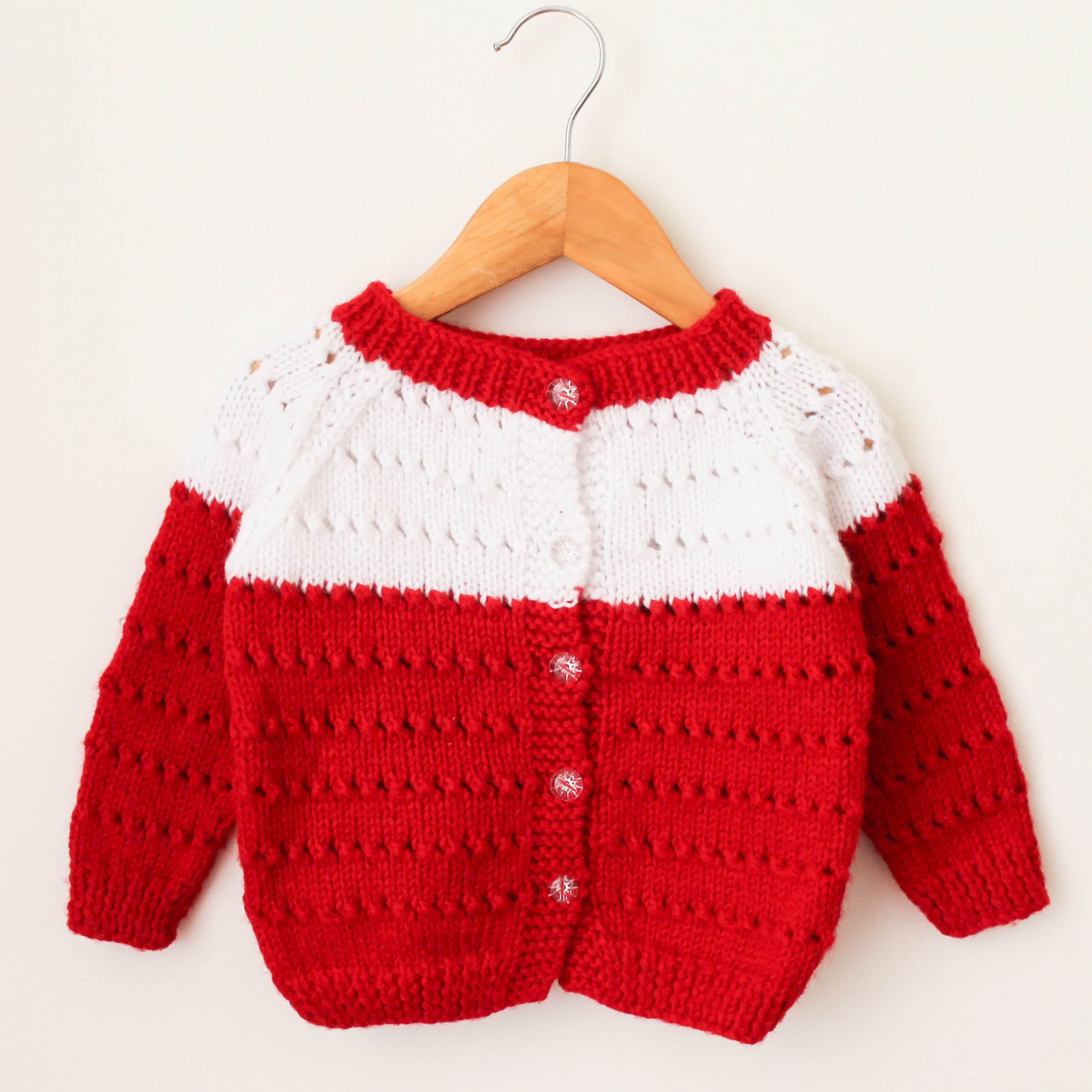 Handknitted Dual Colour Self Design Sweater For Kids - Red