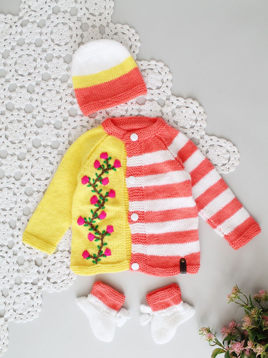 Handknitted Embroidered & Striped Infant Sweater Set - Coral