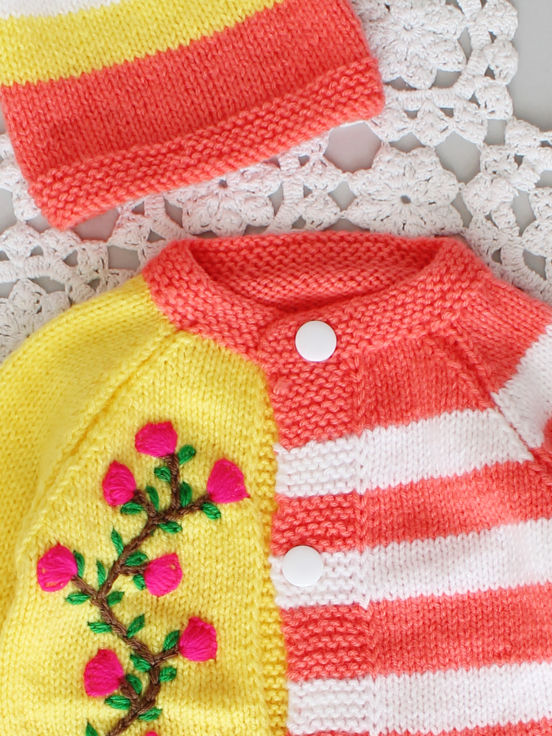 Handknitted Embroidered & Striped Infant Sweater Set - Coral