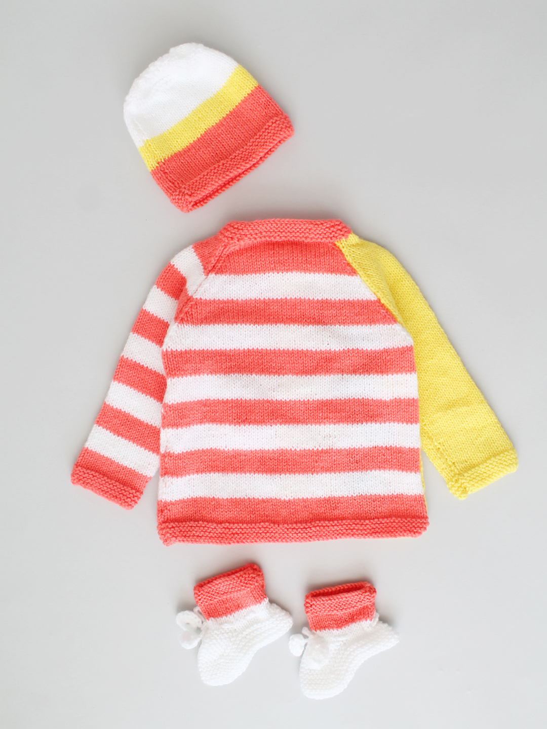 Handknitted Embroidered & Striped Infant Sweater Set - Coral