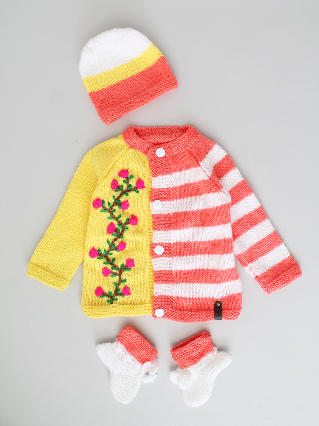 Handknitted Embroidered & Striped Infant Sweater Set - Coral