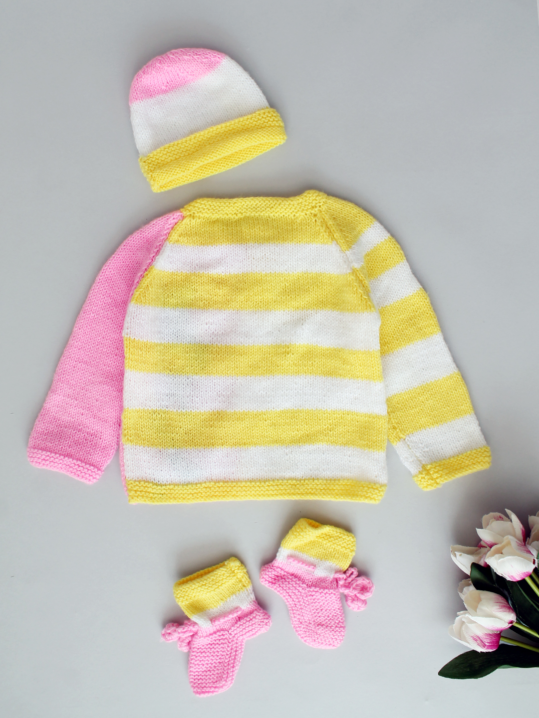 Handknitted Embroidered & Striped Infant Sweater Set - Pink