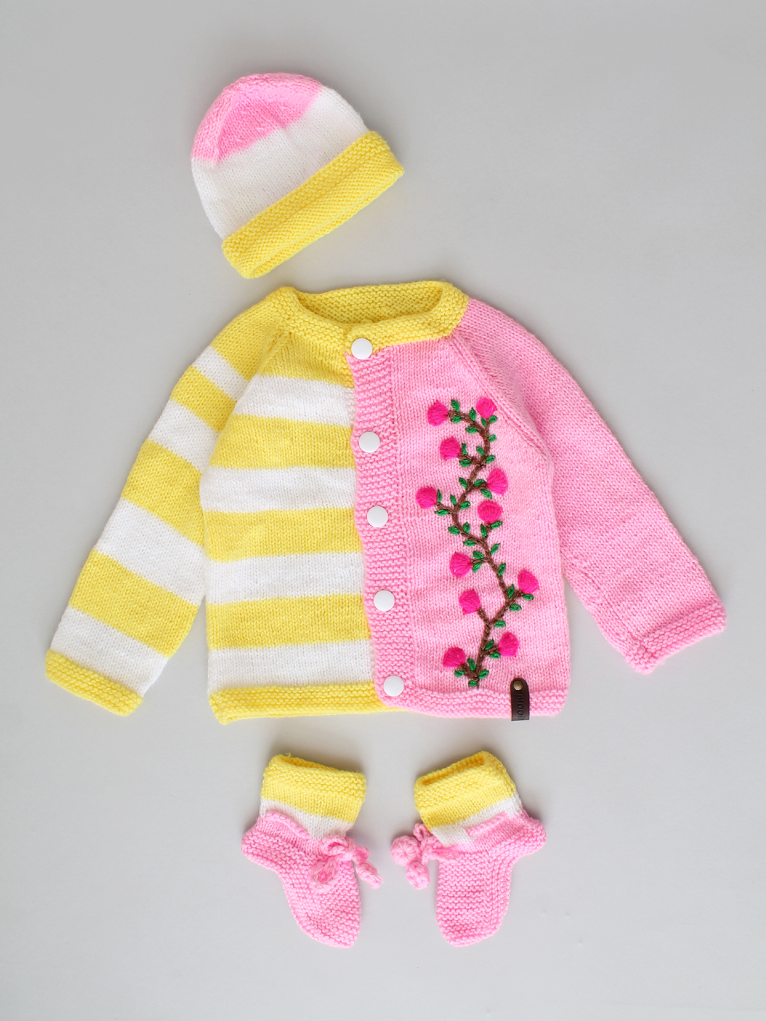 Handknitted Embroidered & Striped Infant Sweater Set - Pink