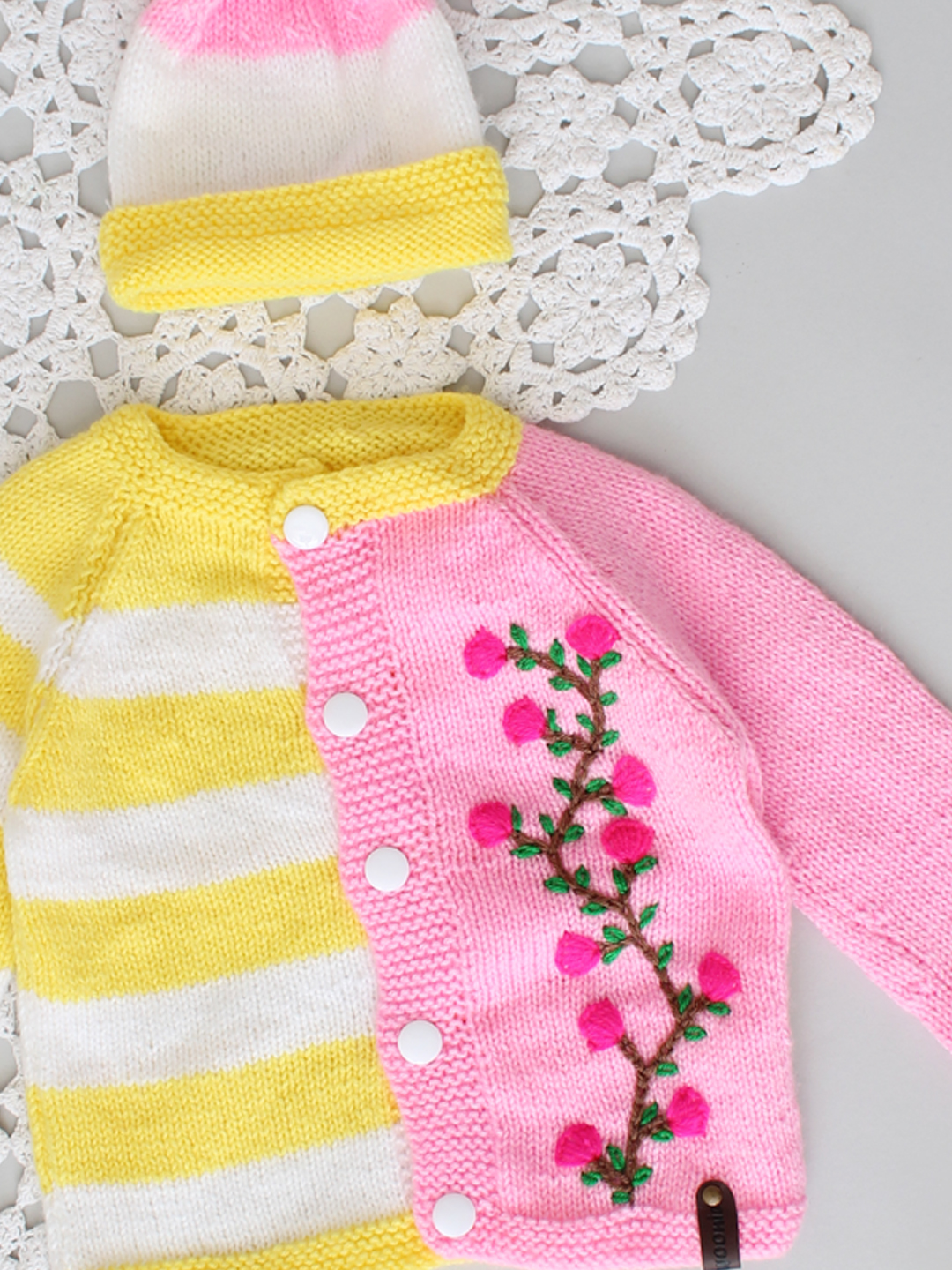 Handknitted Embroidered & Striped Infant Sweater Set - Pink