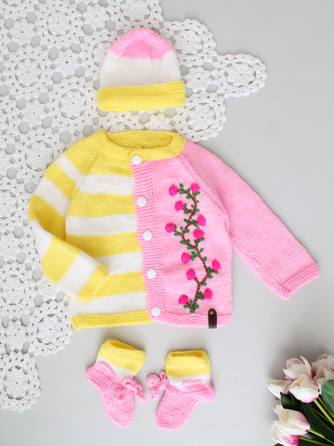 Handknitted Embroidered & Striped Infant Sweater Set - Pink