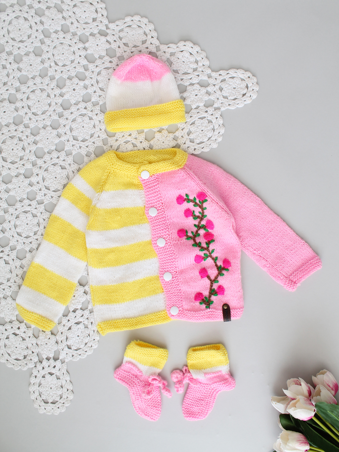 Handknitted Embroidered & Striped Infant Sweater Set - Pink