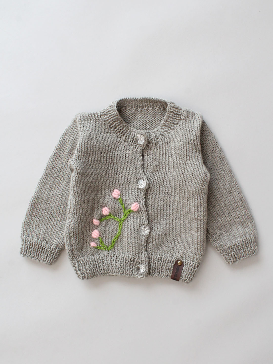 Handknitted Embroidered Ribbed Sweater and Pants Set - Grey