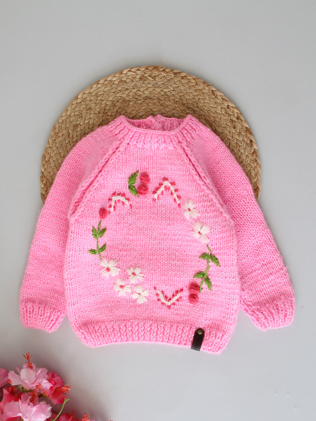 Handknitted Embroidered Sweater for Kids - Dark Pink