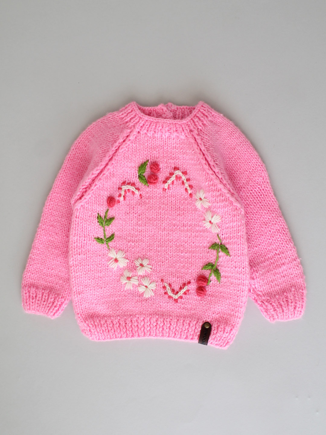 Handknitted Embroidered Sweater for Kids - Dark Pink
