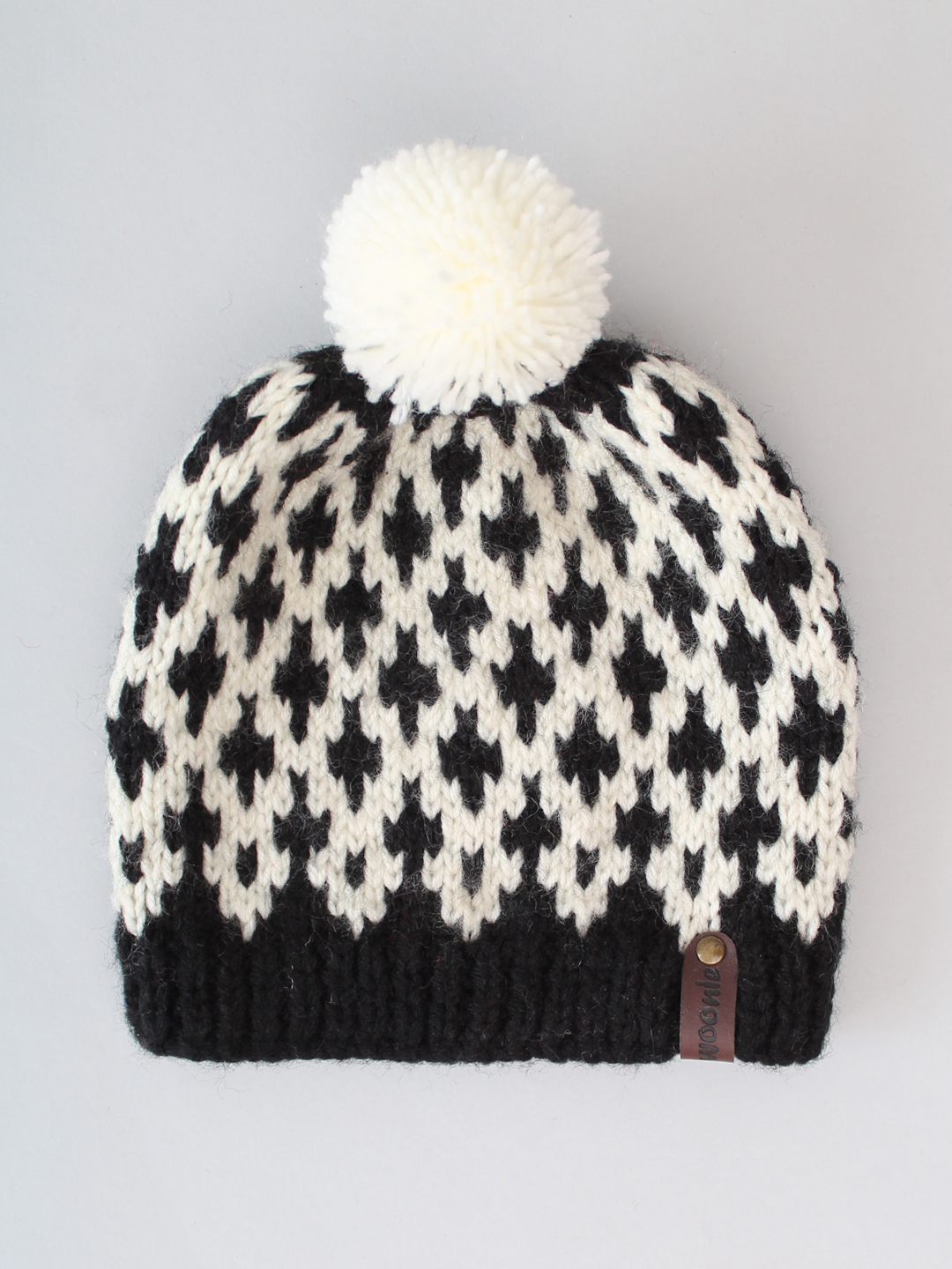 Handknitted Fair Isle Beanie with Pom Pom - Black