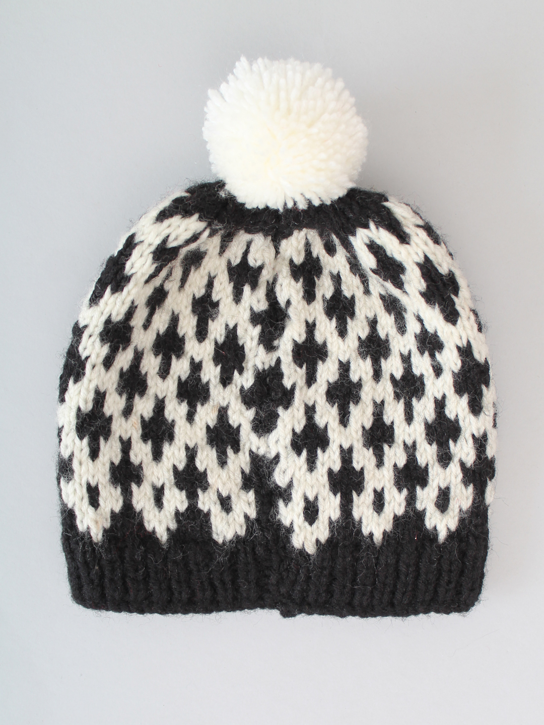 Handknitted Fair Isle Beanie with Pom Pom - Black