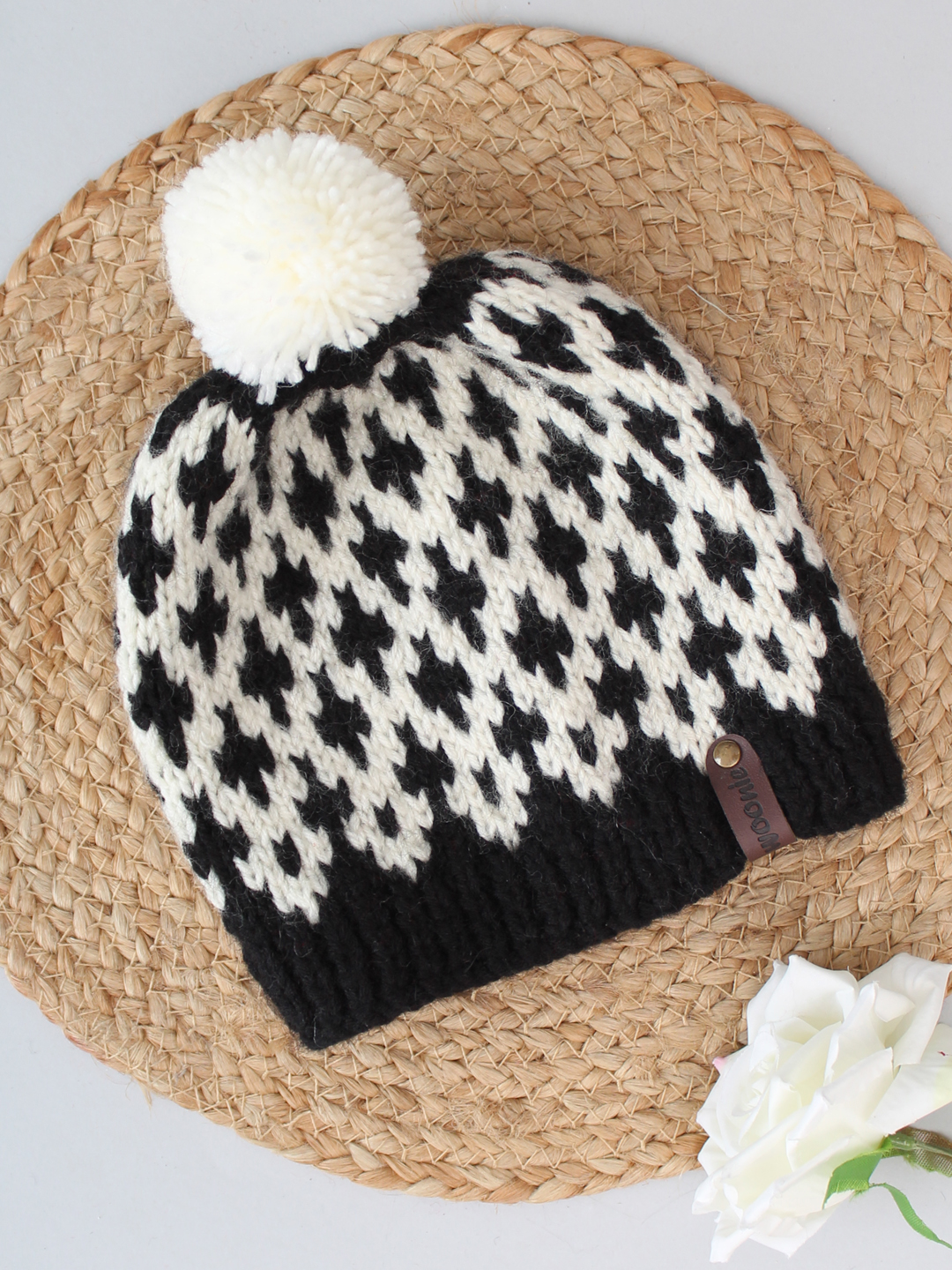 Handknitted Fair Isle Beanie with Pom Pom - Black