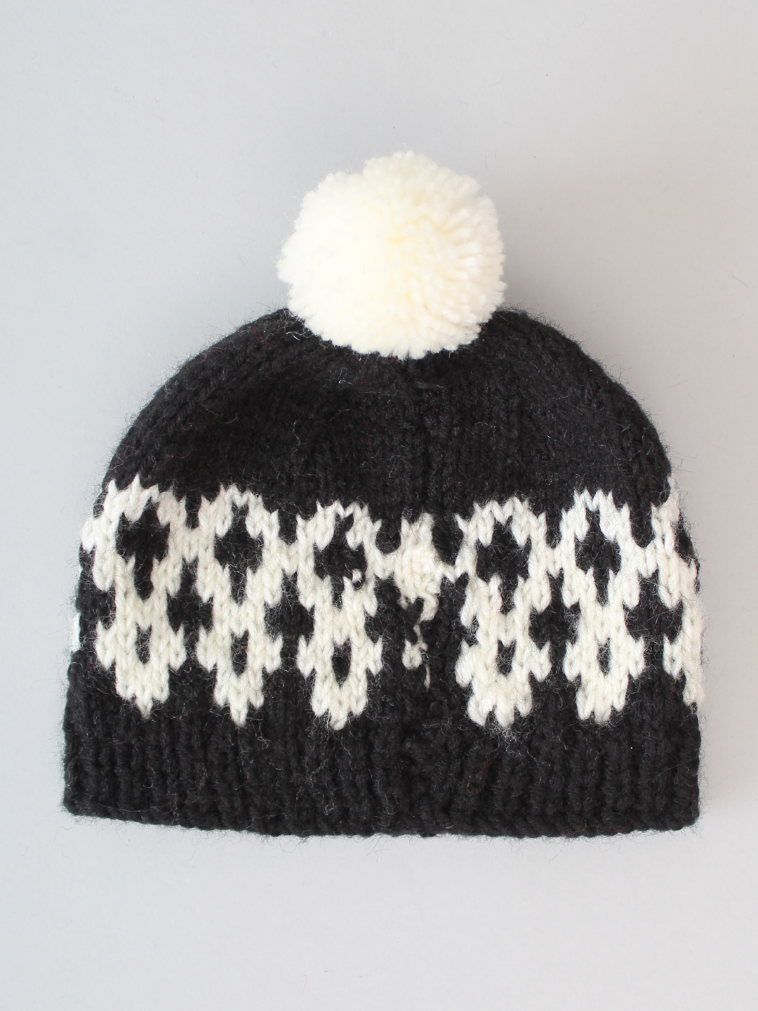 Handknitted Fair Isle Beanie with Pom Pom - Black