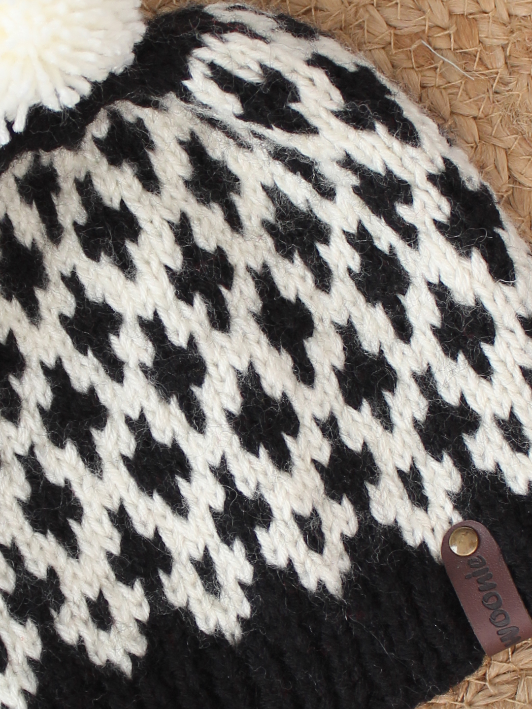Handknitted Fair Isle Beanie with Pom Pom - Black