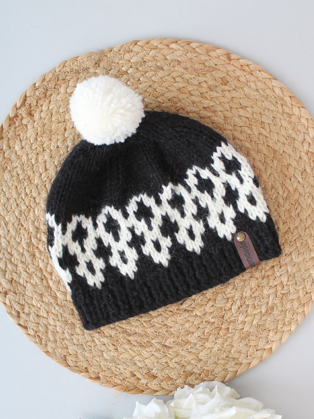 Handknitted Fair Isle Beanie with Pom Pom - Black