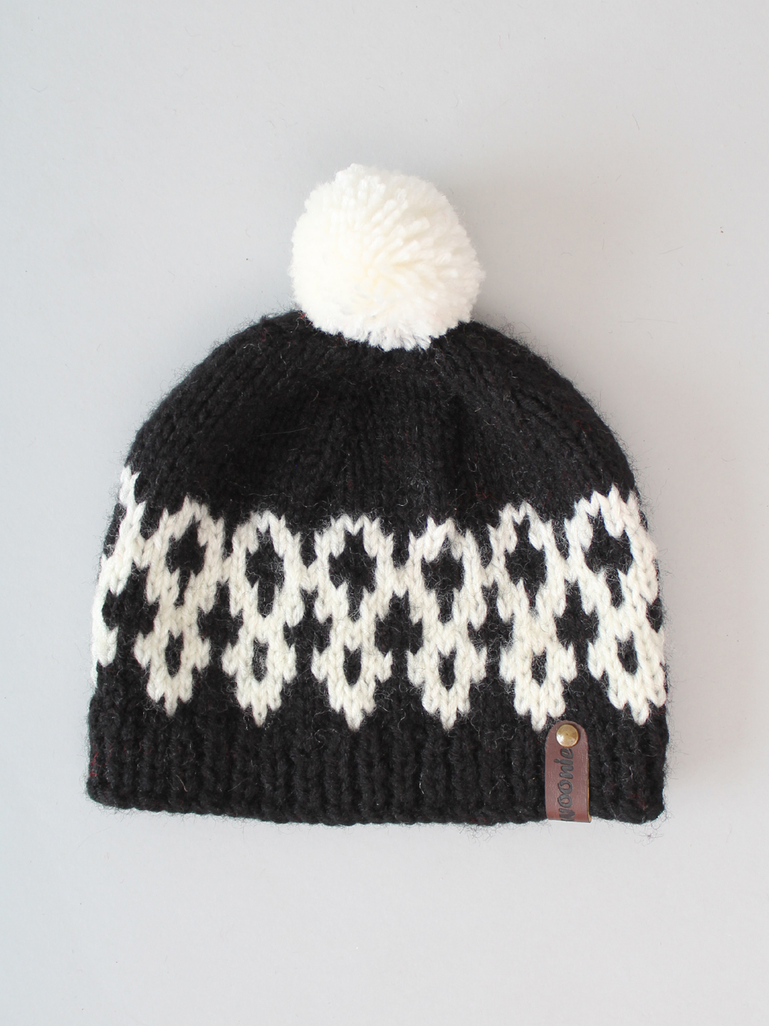 Handknitted Fair Isle Beanie with Pom Pom - Black