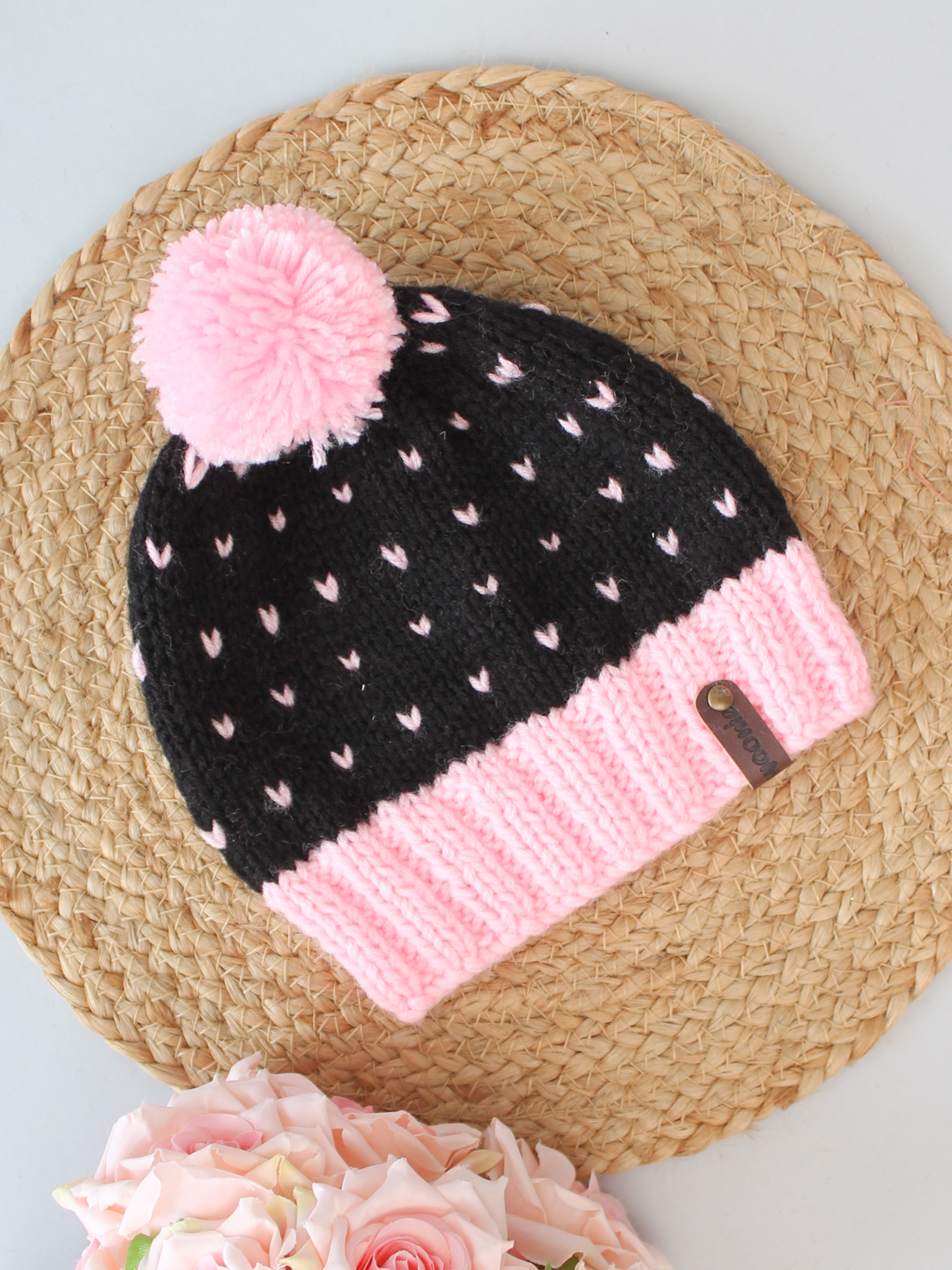 Handknitted Fair Isle Beanie with Pom Pom - Black & Pink
