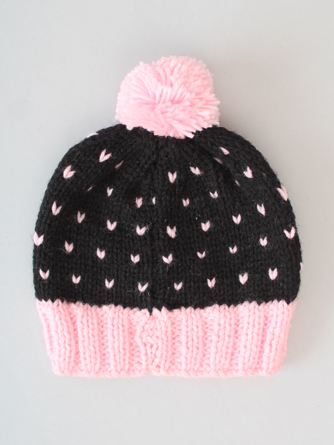 Handknitted Fair Isle Beanie with Pom Pom - Black & Pink