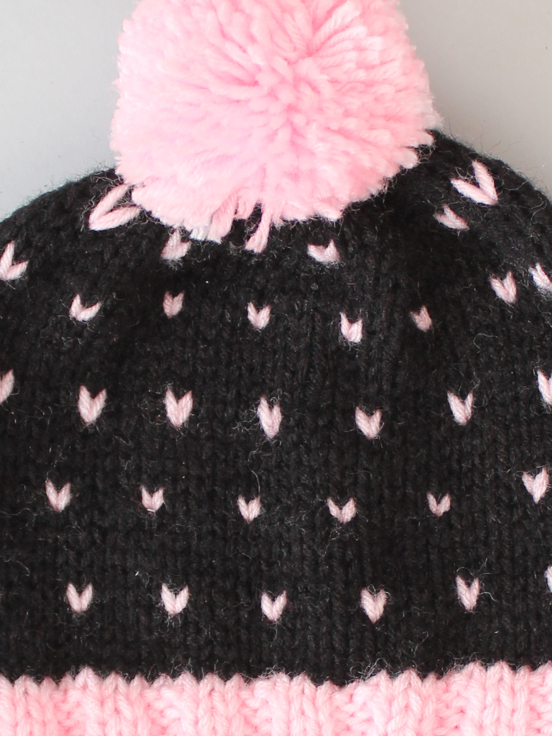 Handknitted Fair Isle Beanie with Pom Pom - Black & Pink