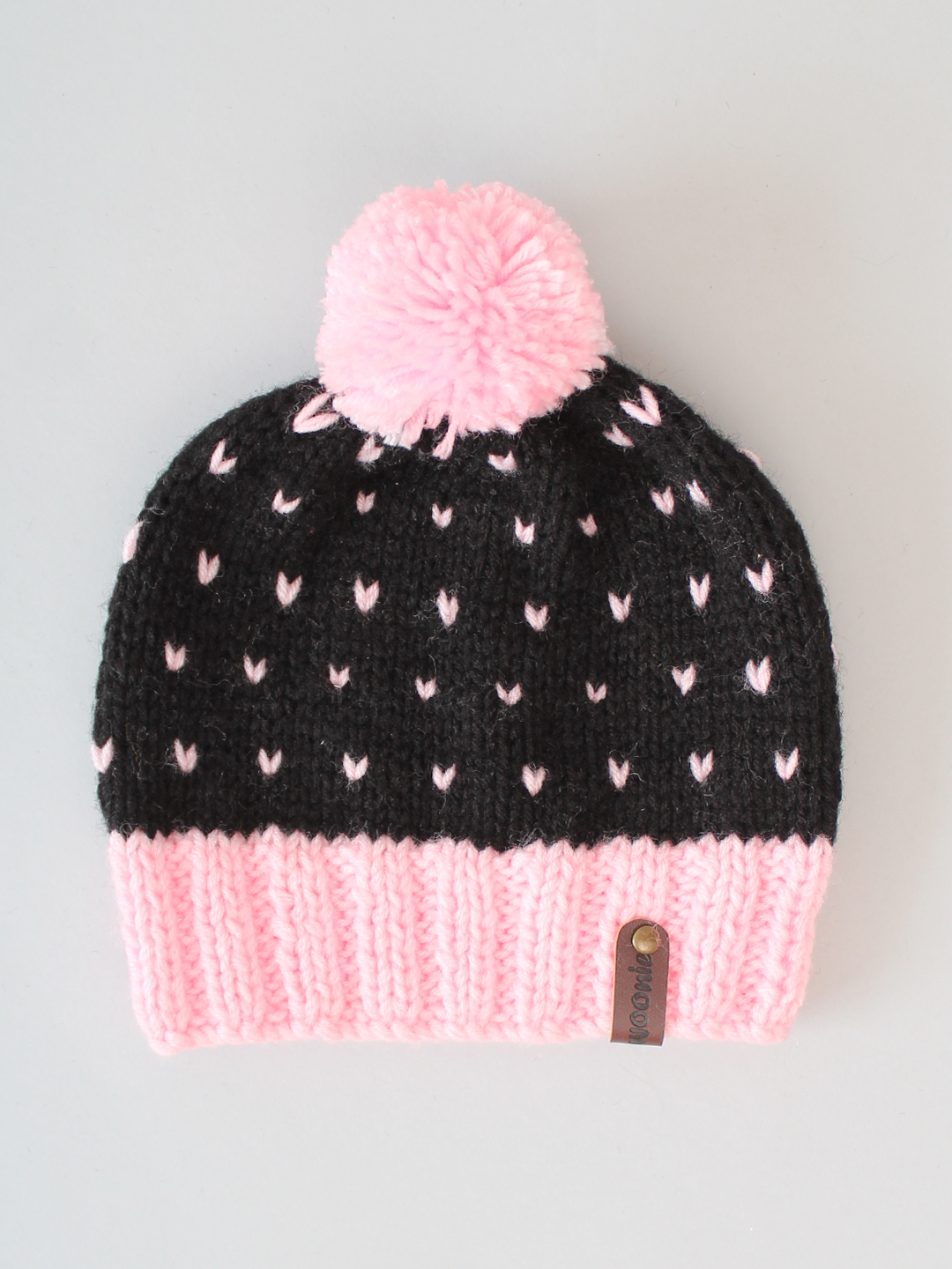Handknitted Fair Isle Beanie with Pom Pom - Black & Pink