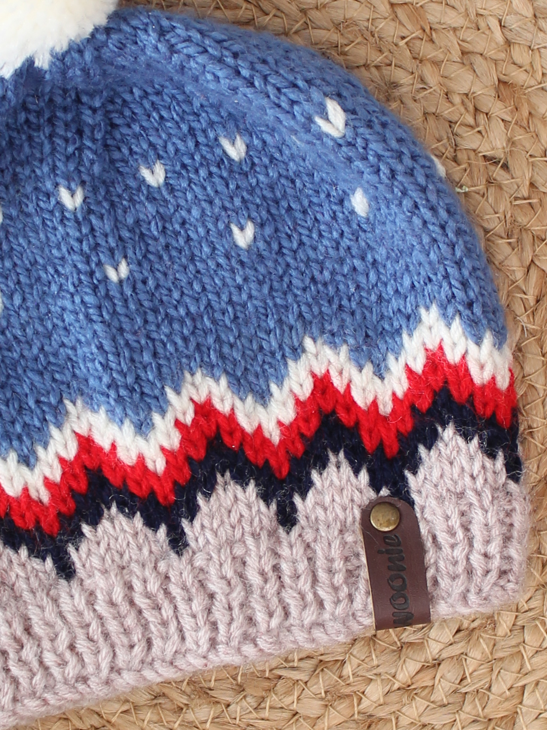 Handknitted Fair Isle Beanie with Pom Pom - Blue
