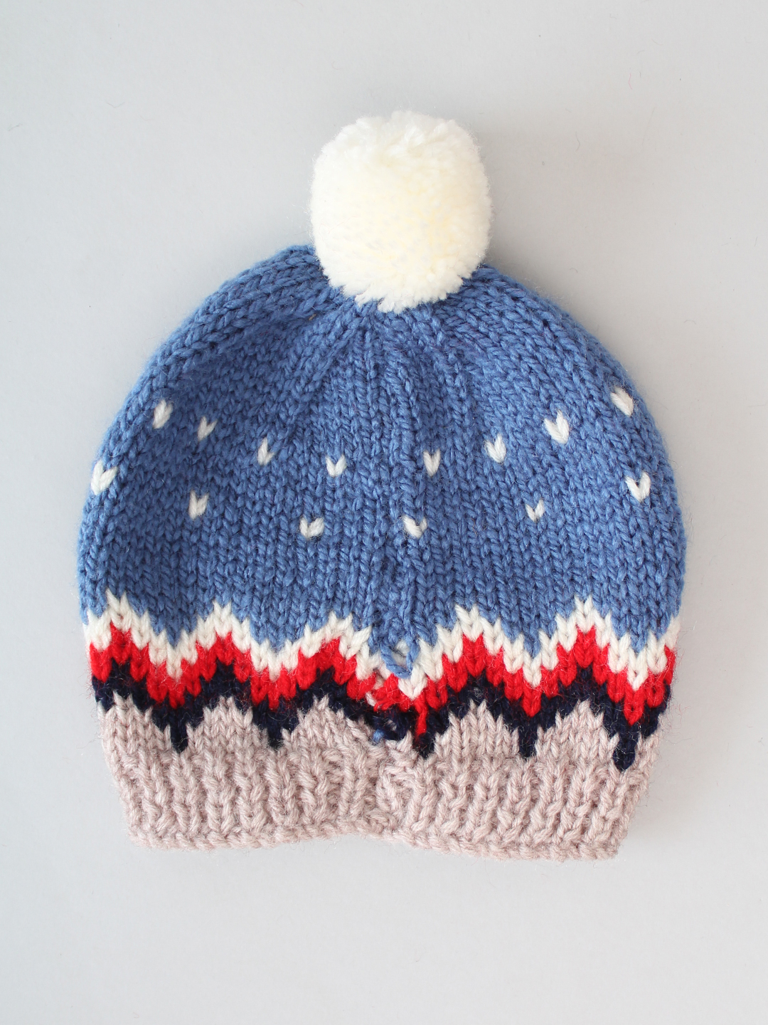 Handknitted Fair Isle Beanie with Pom Pom - Blue