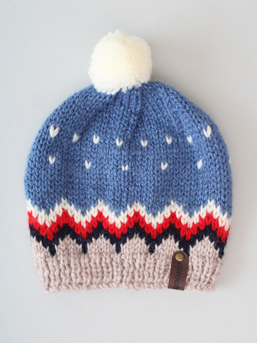 Handknitted Fair Isle Beanie with Pom Pom - Blue