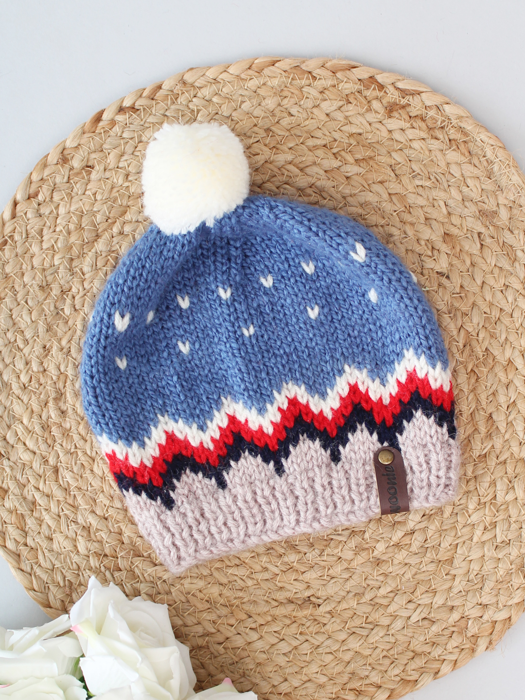 Handknitted Fair Isle Beanie with Pom Pom - Blue