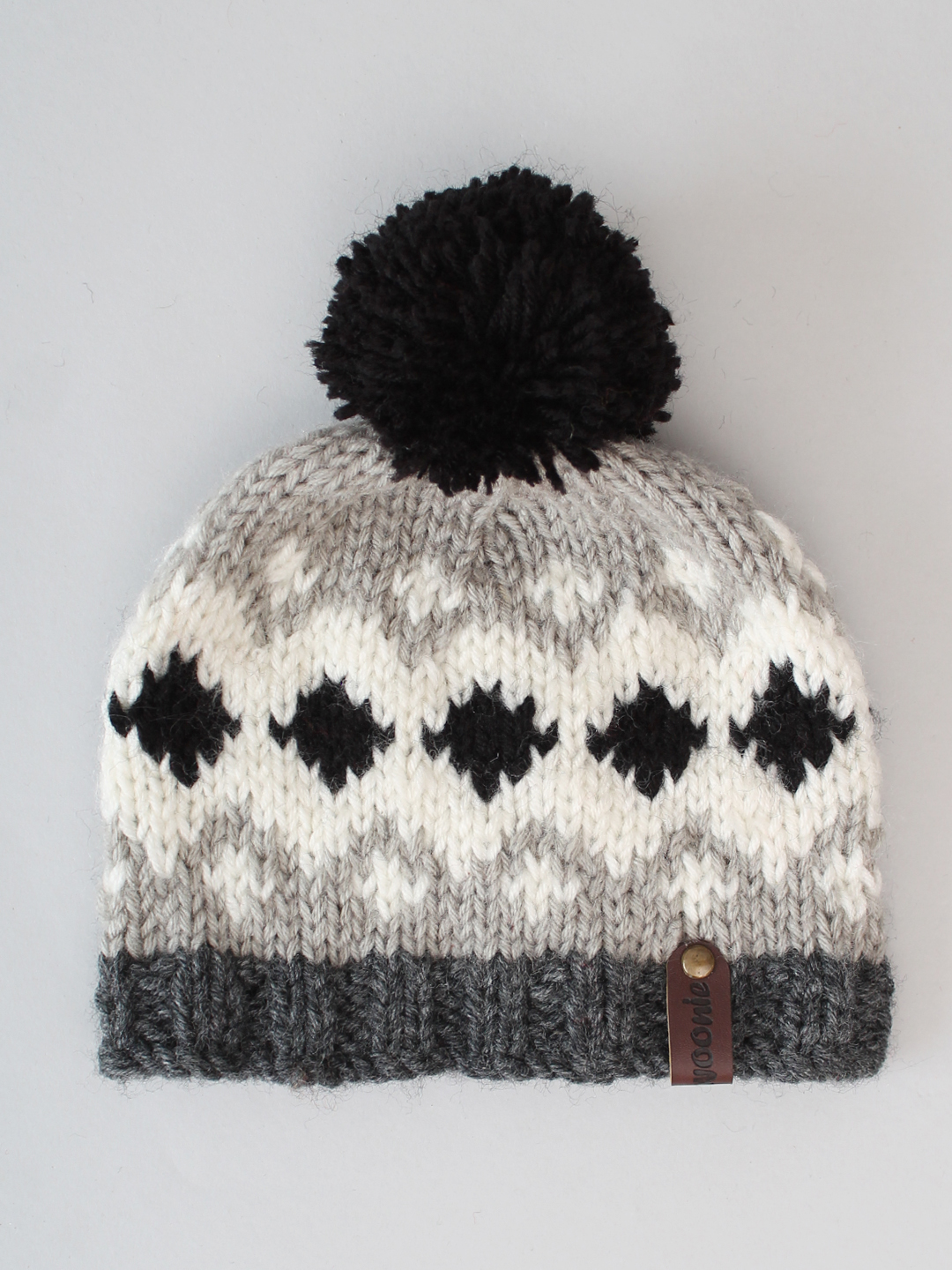 Handknitted Fair Isle Beanie with Pom Pom - Grey