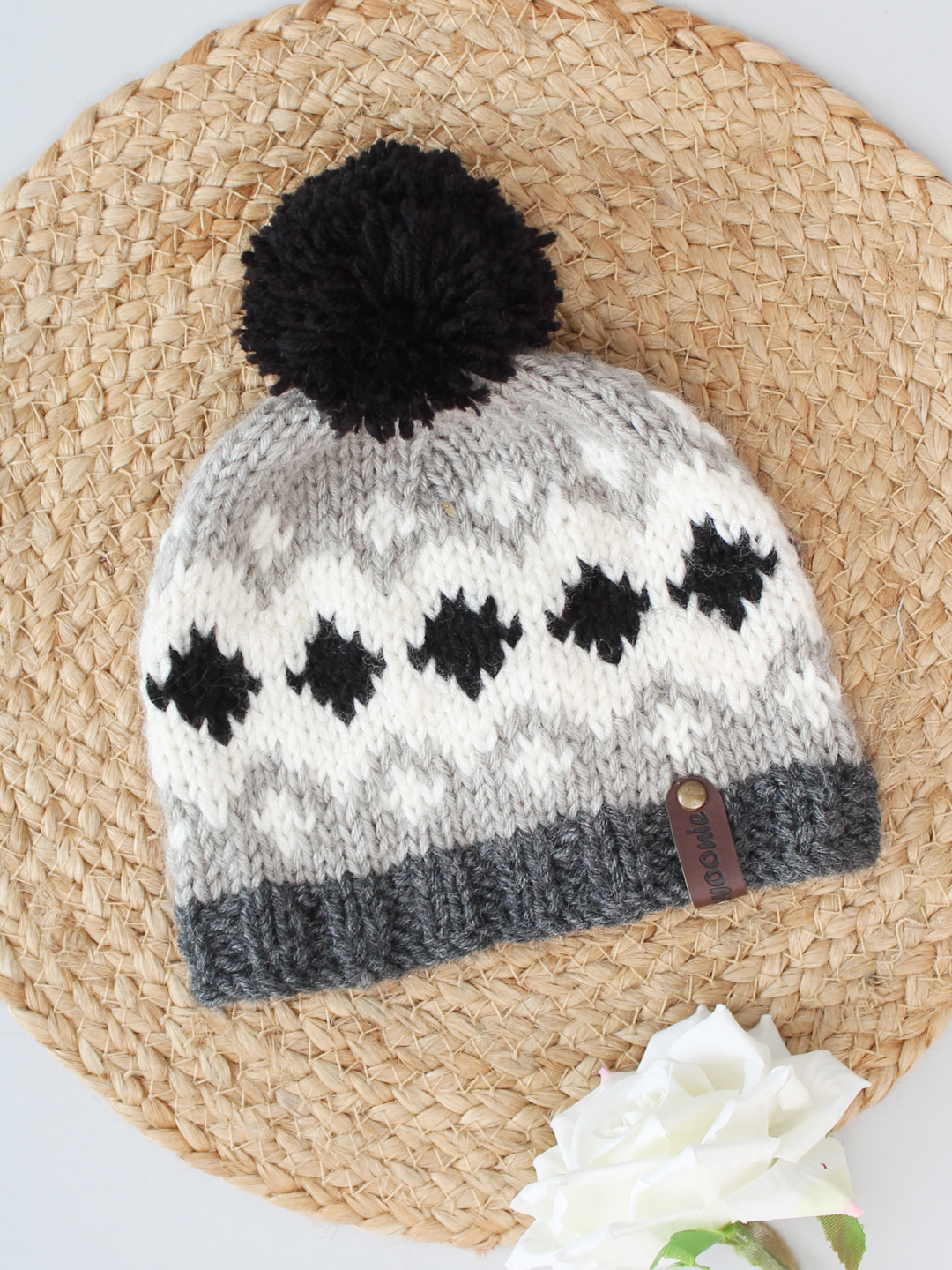 Handknitted Fair Isle Beanie with Pom Pom - Grey