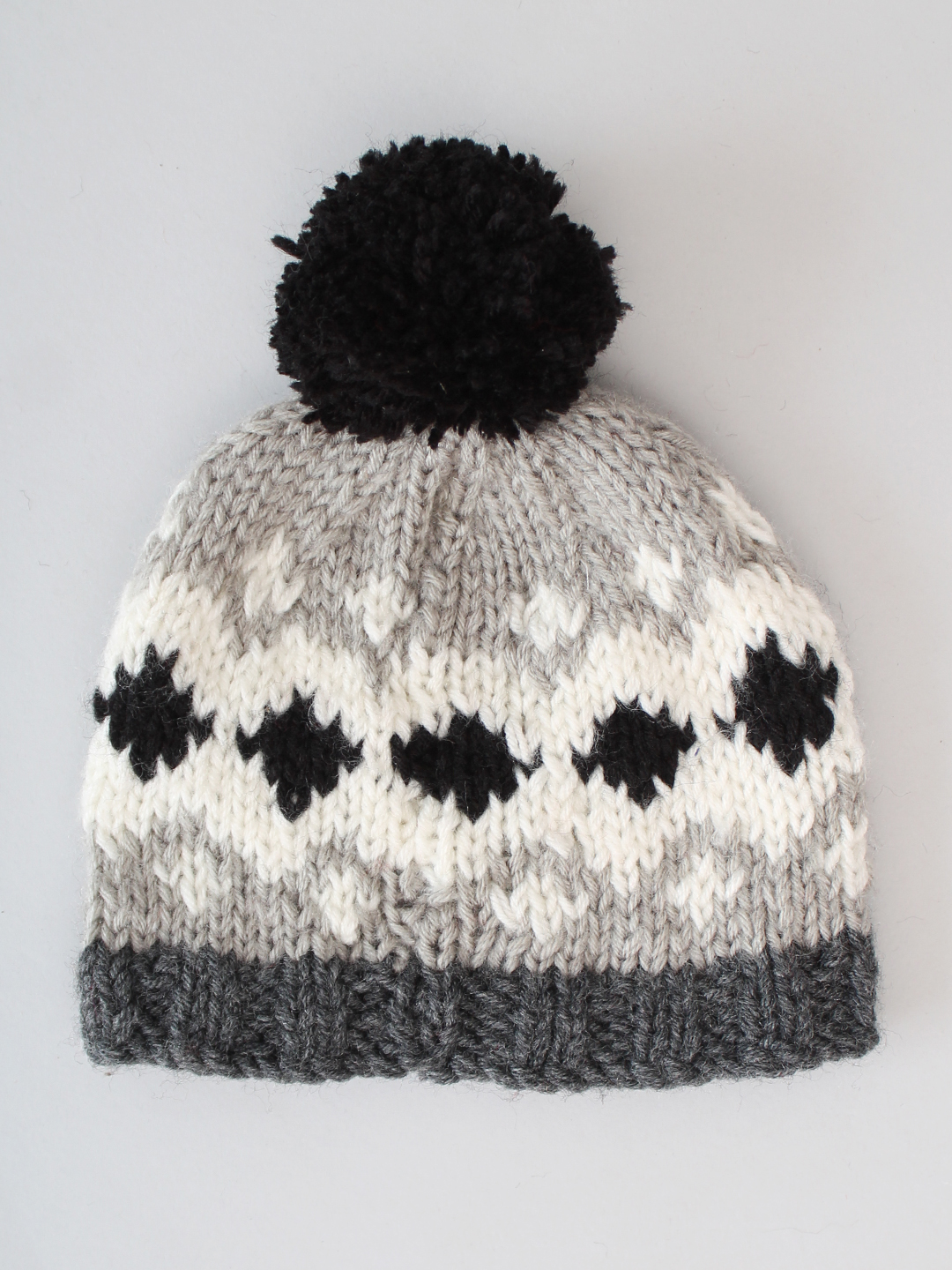 Handknitted Fair Isle Beanie with Pom Pom - Grey