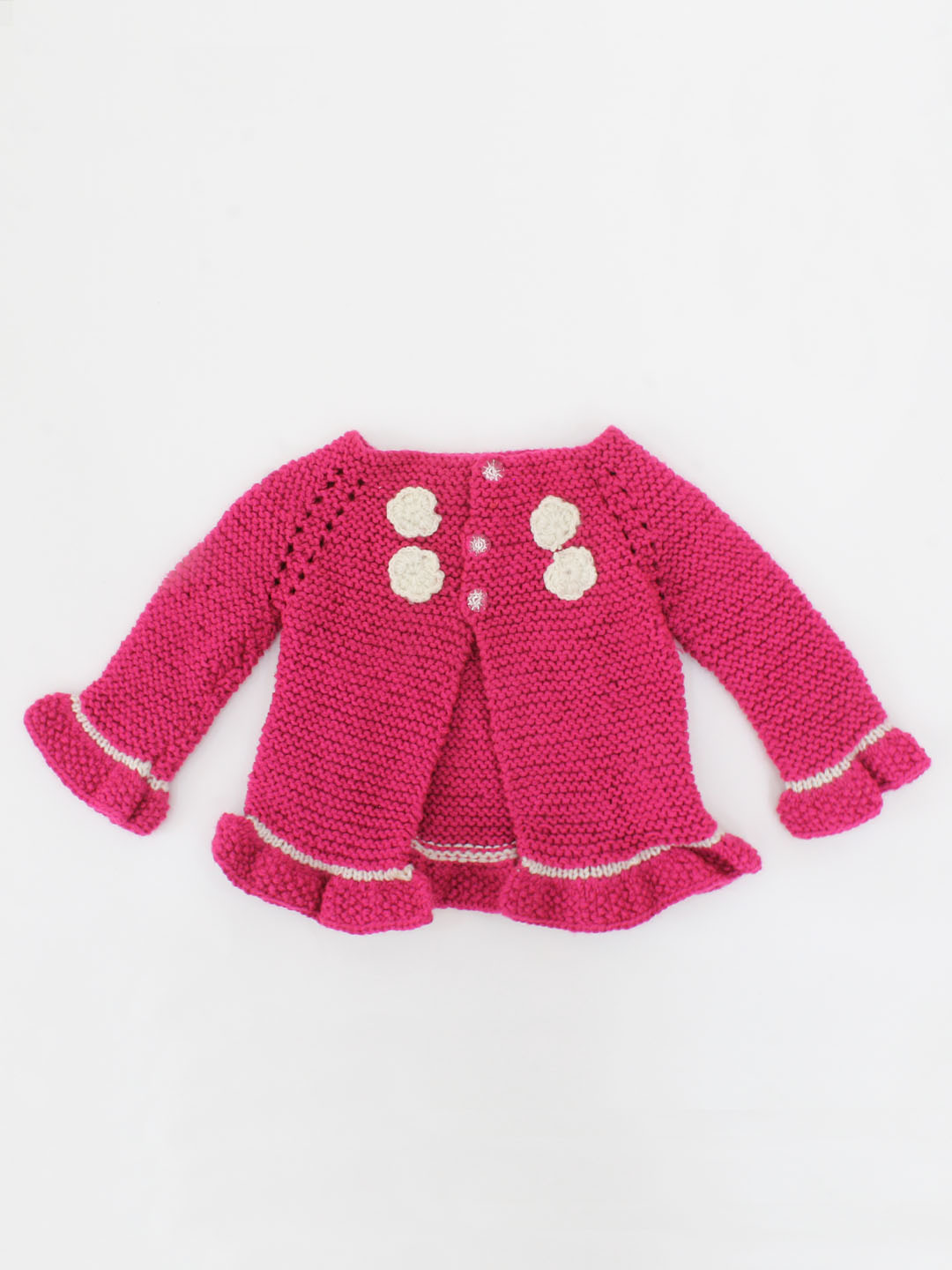 Handknitted Floral Detailing Frill Sleeve Cardigan For Kids - Pink