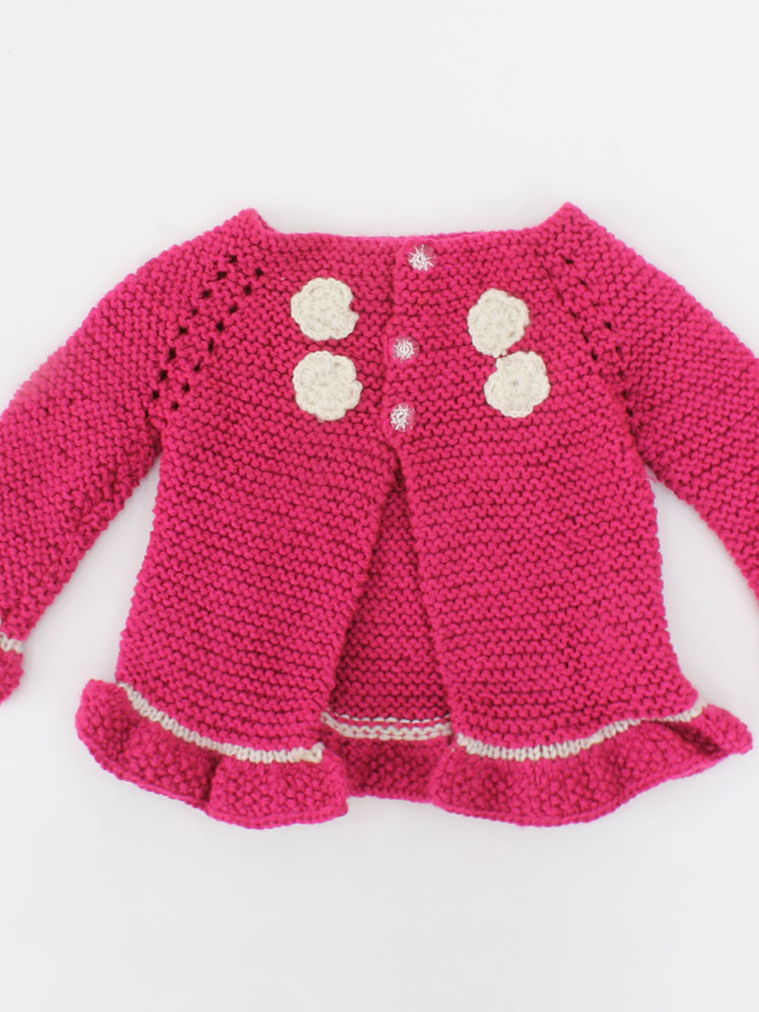 Handknitted Floral Detailing Frill Sleeve Cardigan For Kids - Pink