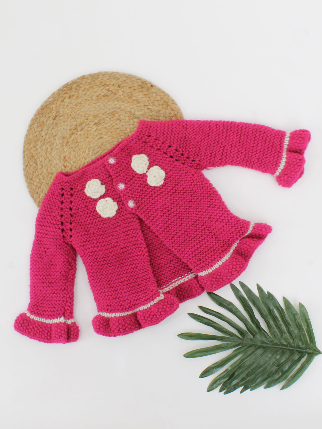 Handknitted Floral Detailing Frill Sleeve Cardigan For Kids - Pink