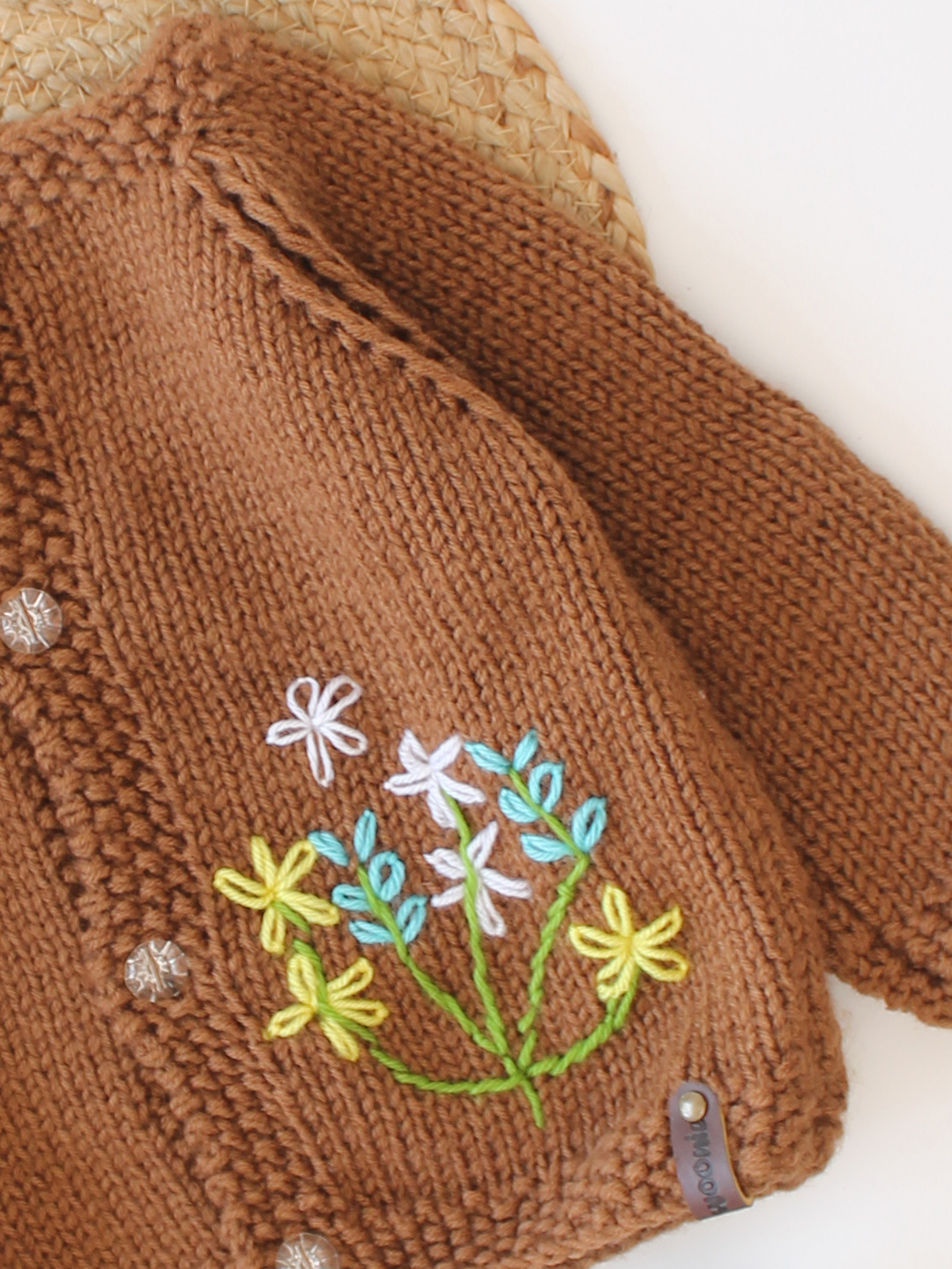 Handknitted Floral Embroidered Front Open Sweater - Brown