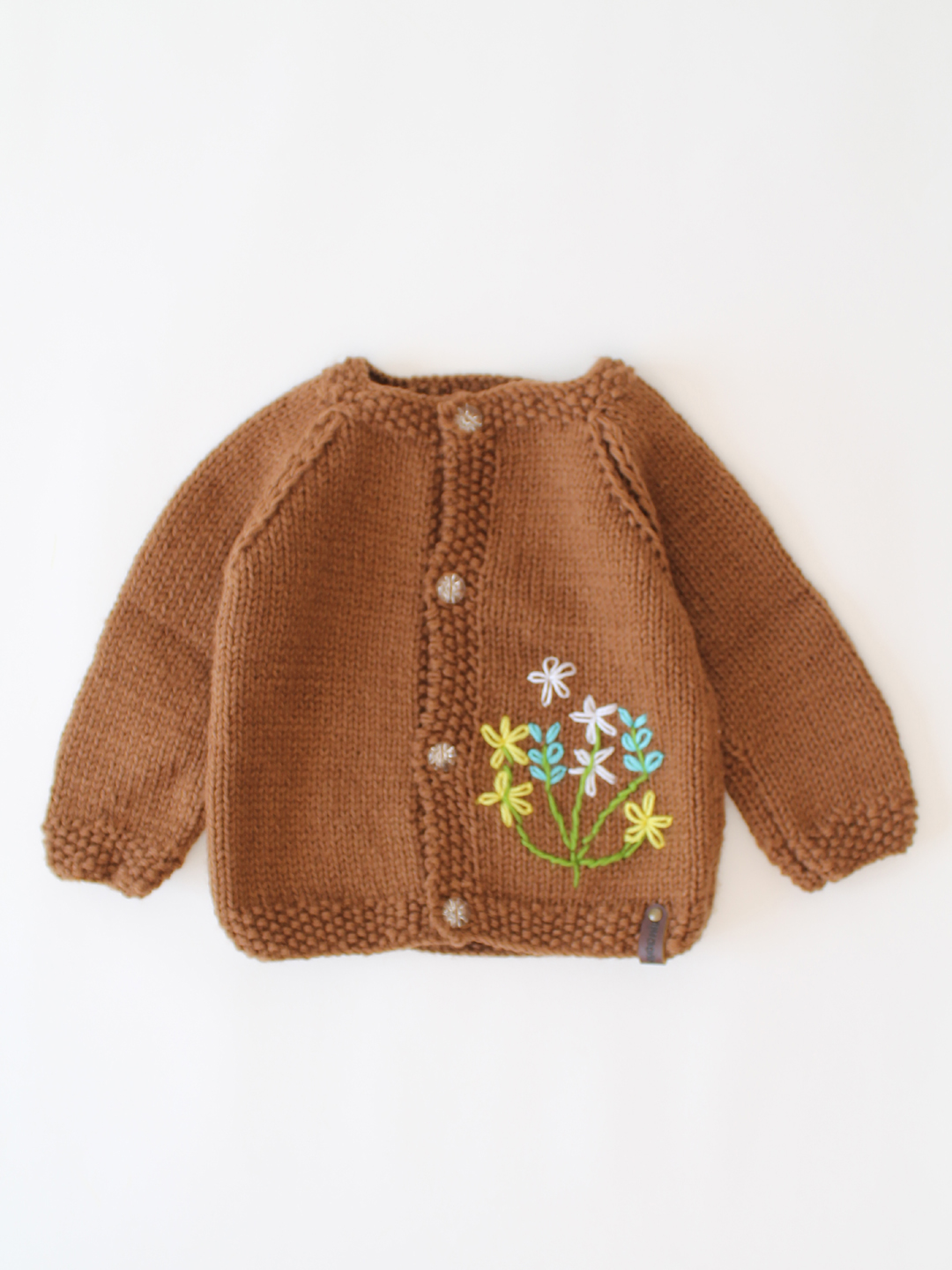 Handknitted Floral Embroidered Front Open Sweater - Brown