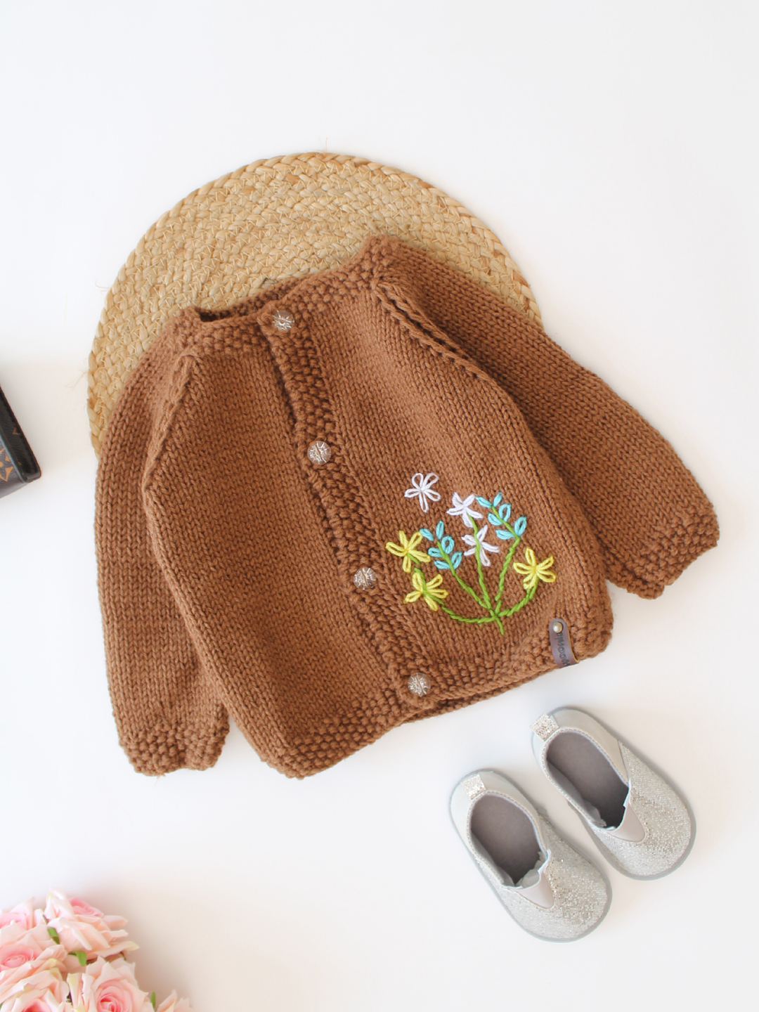 Handknitted Floral Embroidered Front Open Sweater - Brown