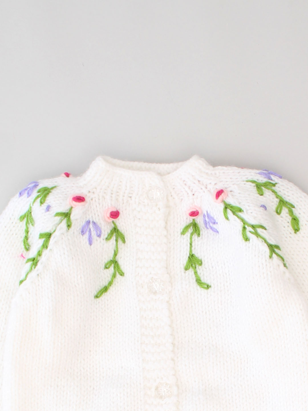 Handknitted Floral Embroidered Front Open Sweater - White