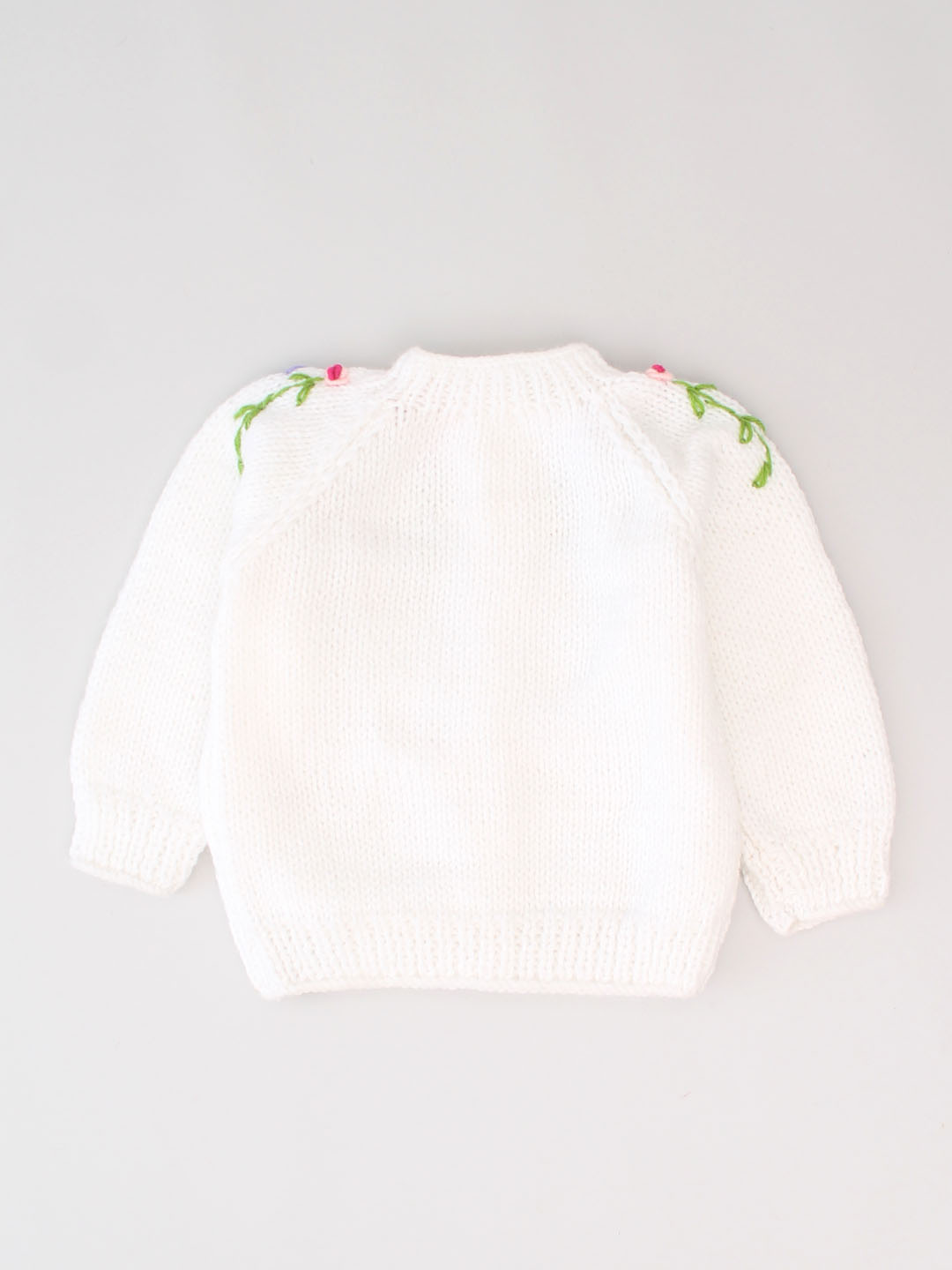 Handknitted Floral Embroidered Front Open Sweater - White
