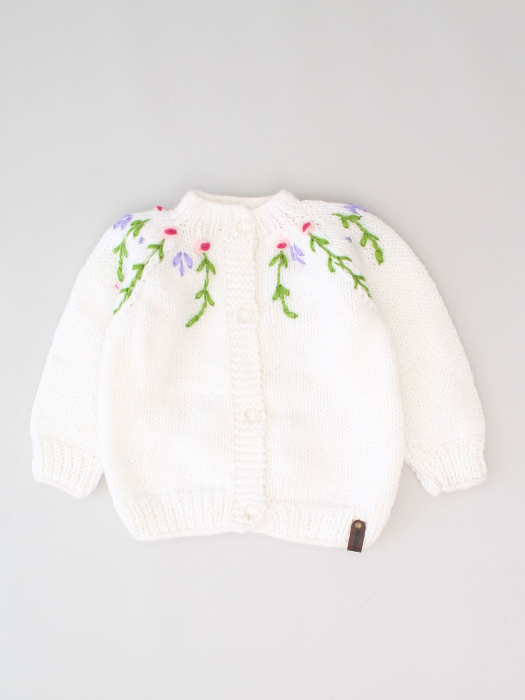Handknitted Floral Embroidered Front Open Sweater - White