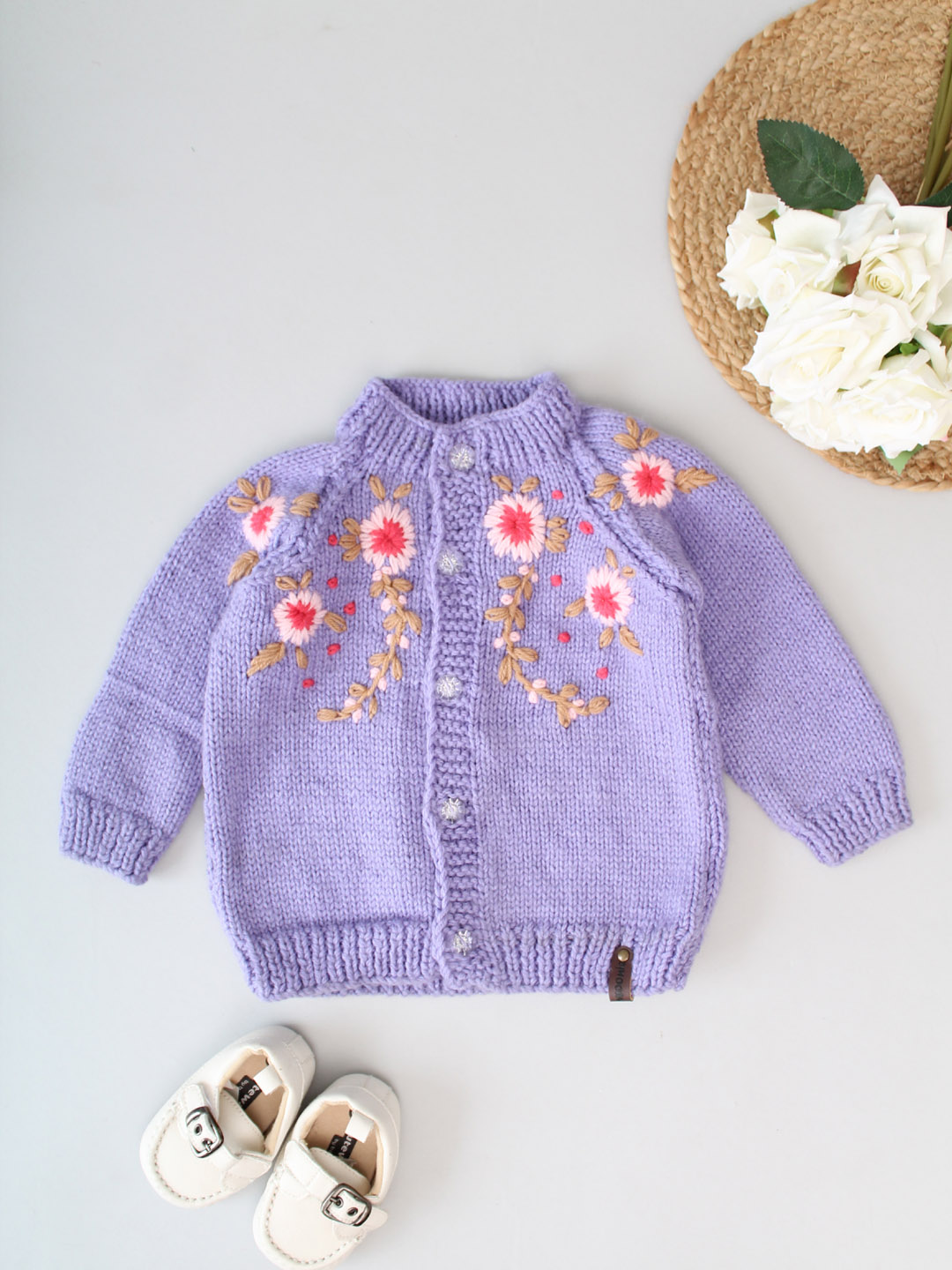 Handknitted Floral Embroidered Jumper for Kids - Mauve